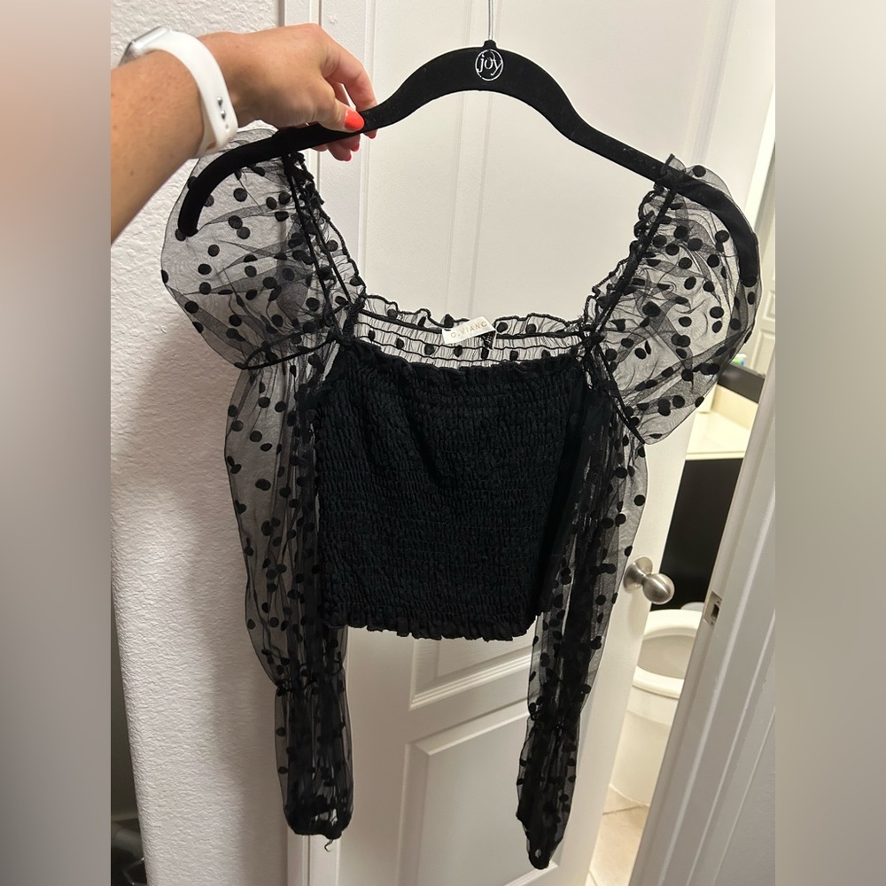 Super cute puff sleeve mesh polka dot top